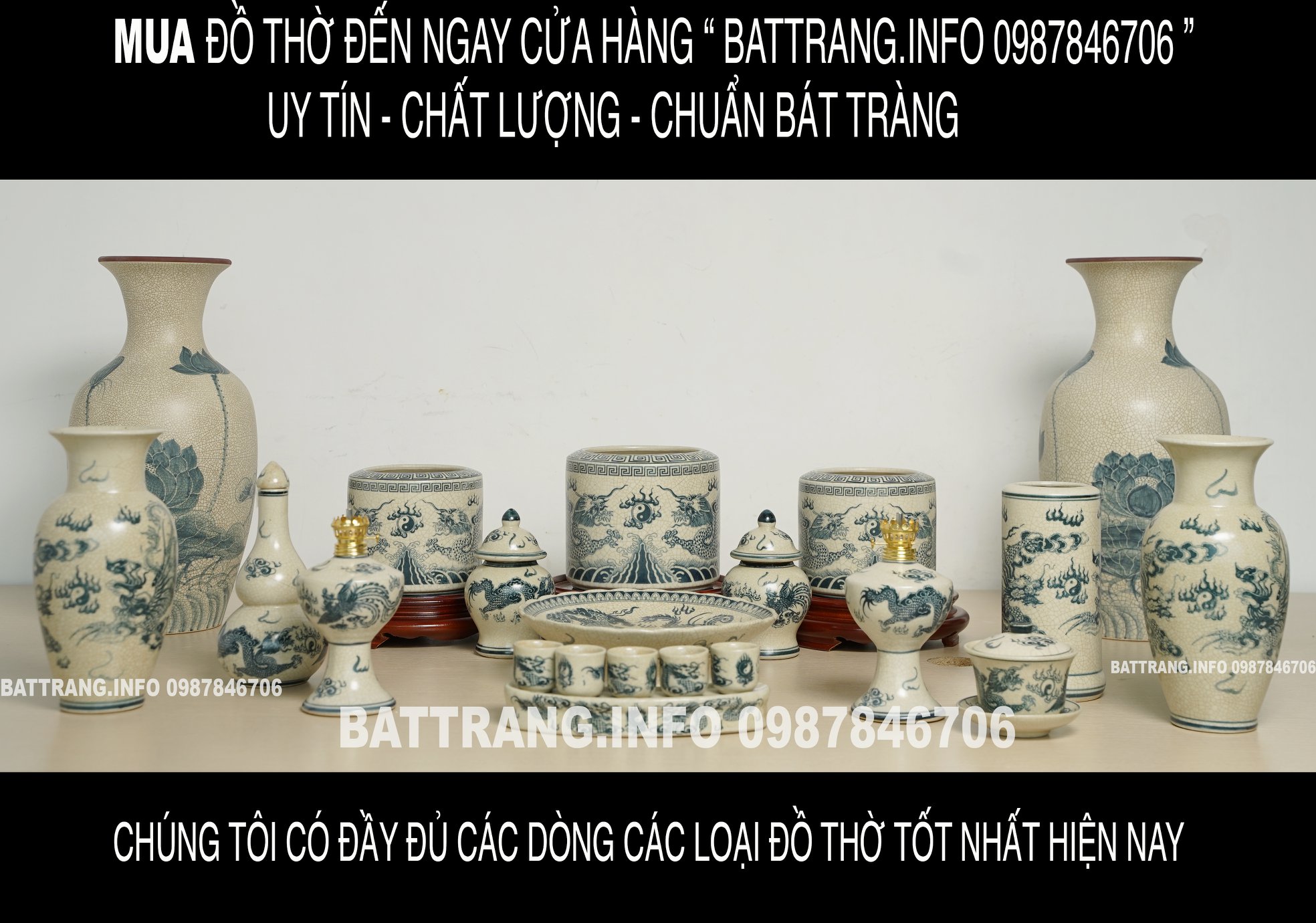 Bộ đồ thờ men rạn vẽ 3 bát hương dành cho ban thờ án gian - đồ thờ bát tràng